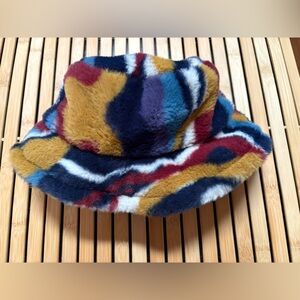 Colorful Striped Faux Fur Bucket Hat with Size Adjustable Strings